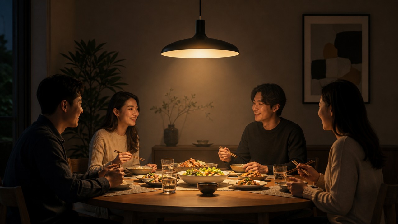 Should dining pendant light fall on the tabletop or on the food, and how should color temperature and CRI be selected? 83
