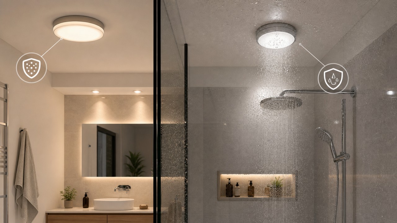 How should IP ratings for dust and water protection be understood, and what minimum ratings are needed in dry and wet zones? 97
