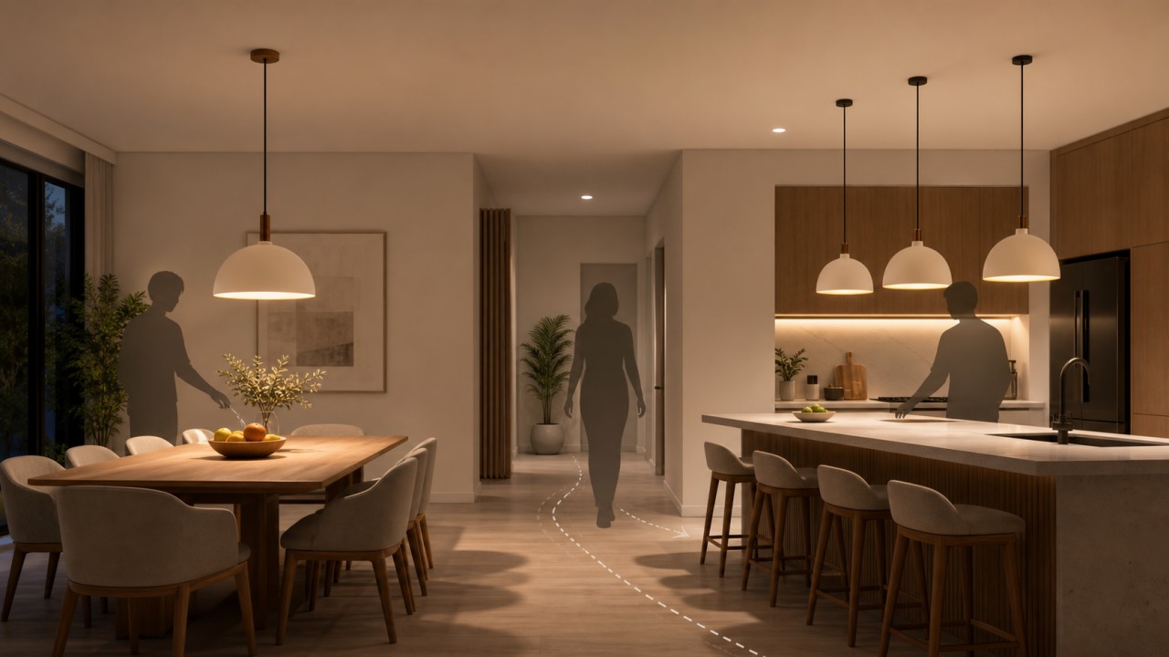 What pendant hanging heights are recommended for different spaces, and how should they be adjusted according to movement paths? 98