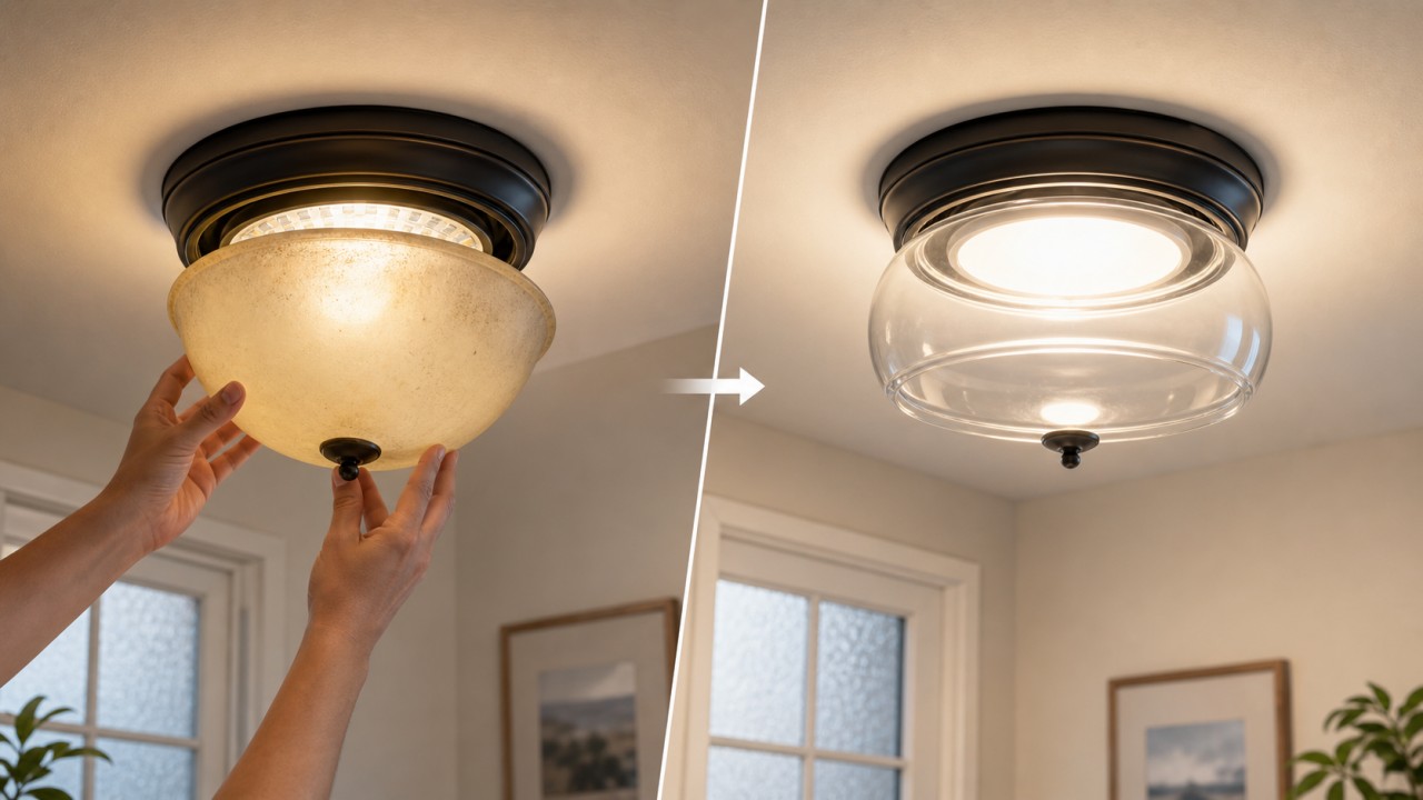In energy-saving retrofits of existing luminaires, how much efficacy gain can be achieved by replacing only the glass shade? 91