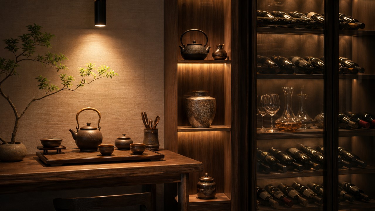 How can lighting for a tea corner or wine cabinet reveal texture without becoming overly heavy? 85