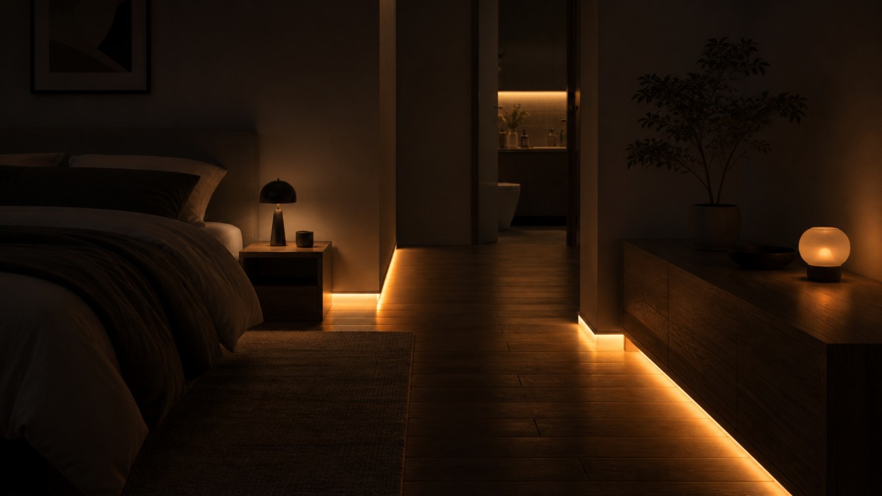 How should bedroom night-mode lighting be designed in brightness, color temperature, and position so it does not disturb sleep afterward? 86