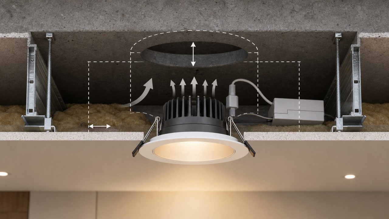 How should cut-out size and heat-dissipation space be reserved for recessed luminaires so installation is safe and future replacement is easy? 100