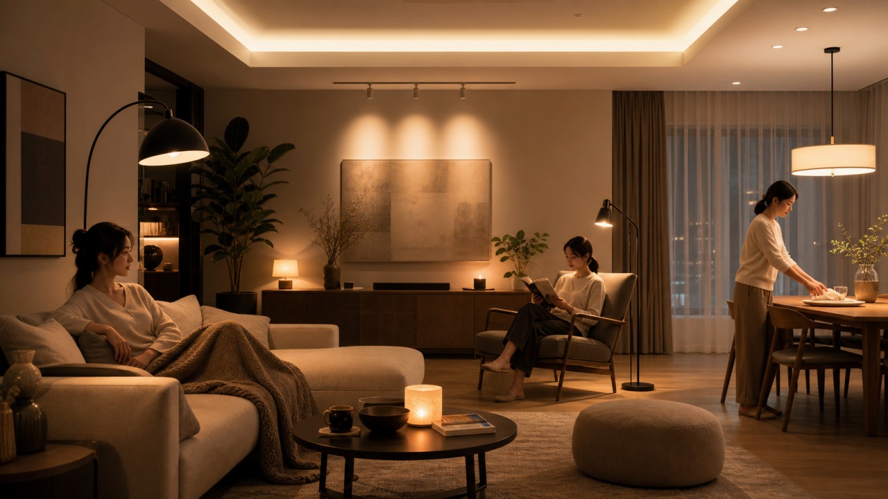 How can one space switch between daydreaming, reading, and housework through layered lighting? 87