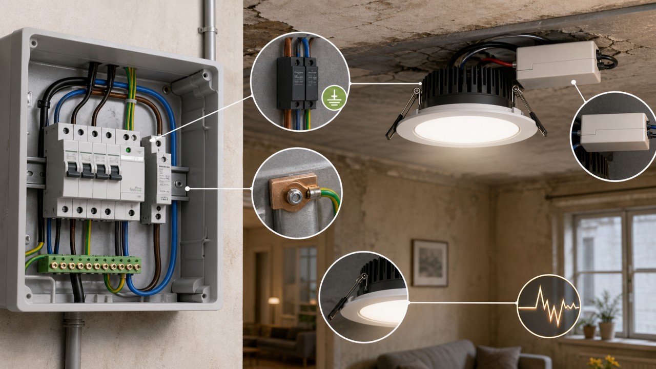 In older residential buildings with unstable voltage, what protective measures should be considered when selecting and installing lights? 101