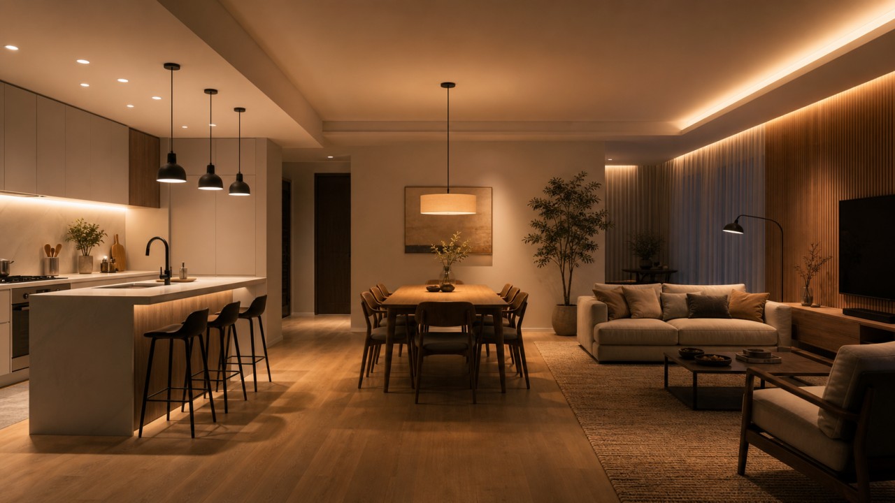 How can lighting, rather than partitions, define zones in an open living-dining-kitchen space? 88