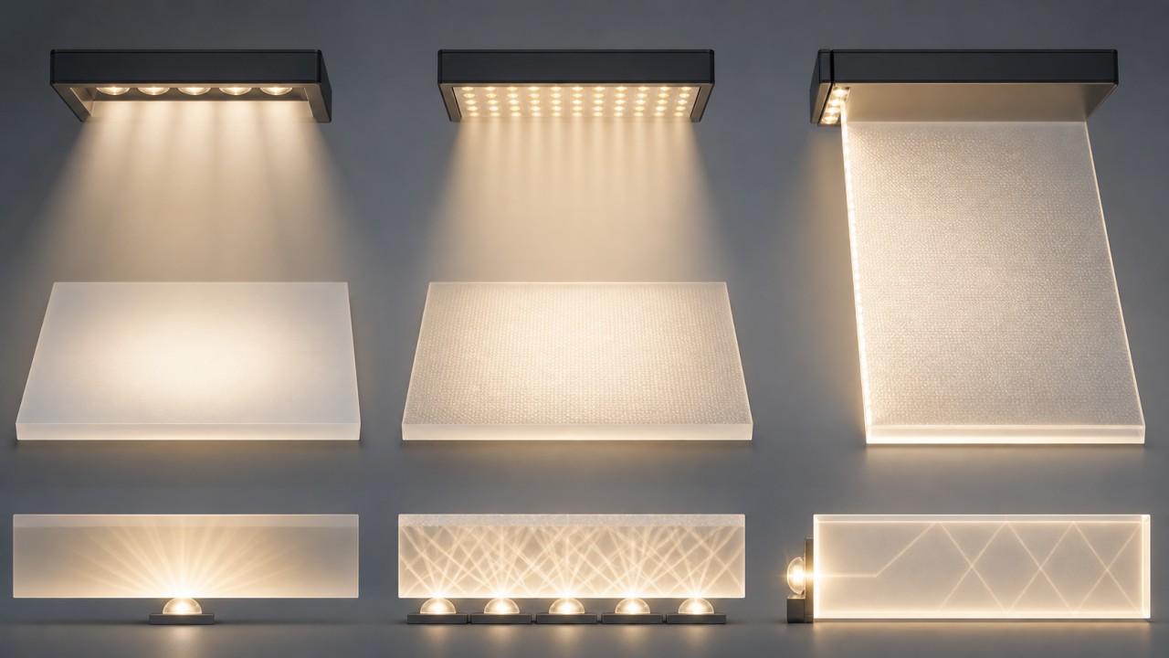What are the different roles of softening panels, diffusion plates, and light guide plates in luminaires? 71