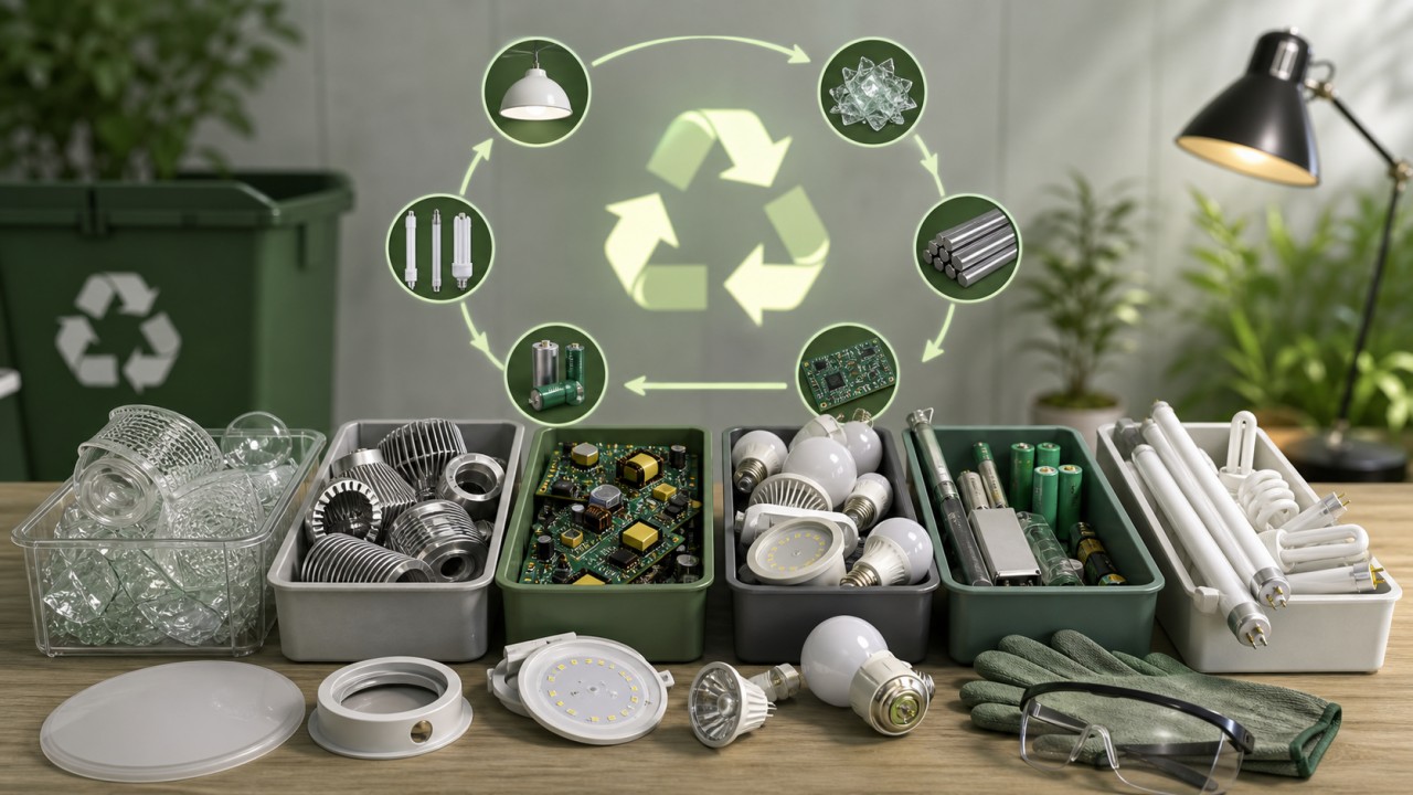 How should old luminaires and light sources be handled to reduce environmental impact? 96