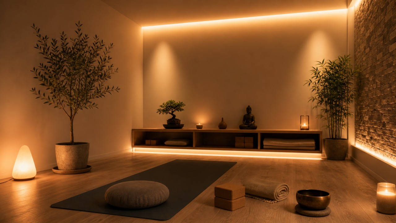 How can a yoga or meditation corner be lit to support relaxation and focus? 89
