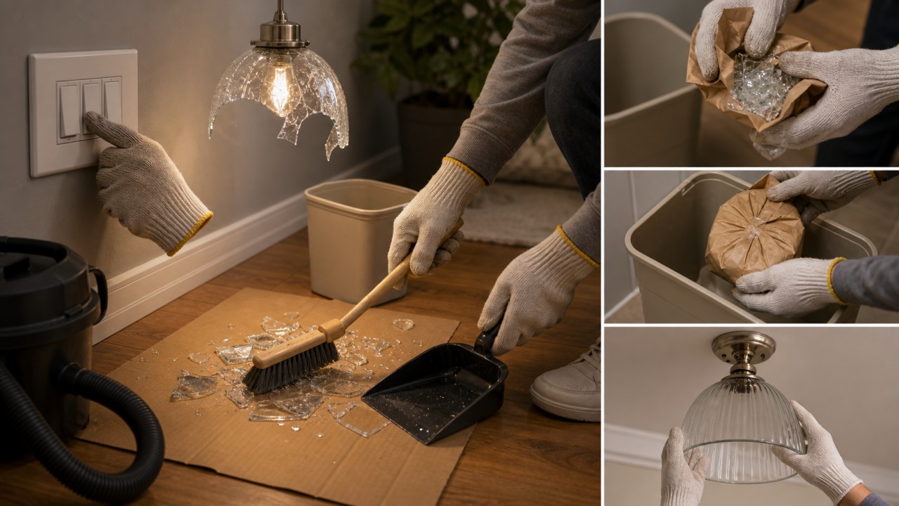 If a glass lampshade breaks accidentally at home, what emergency handling and safe replacement steps are needed? 104