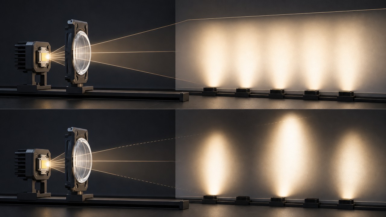 How much beam-angle deviation can glass-lens focal-length error cause, and how does it affect wall washing? 76