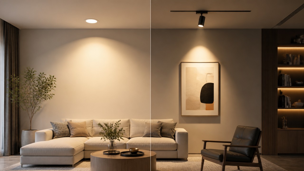 What is the optical difference between downlights and spotlights, and which should dominate in a home? 11
