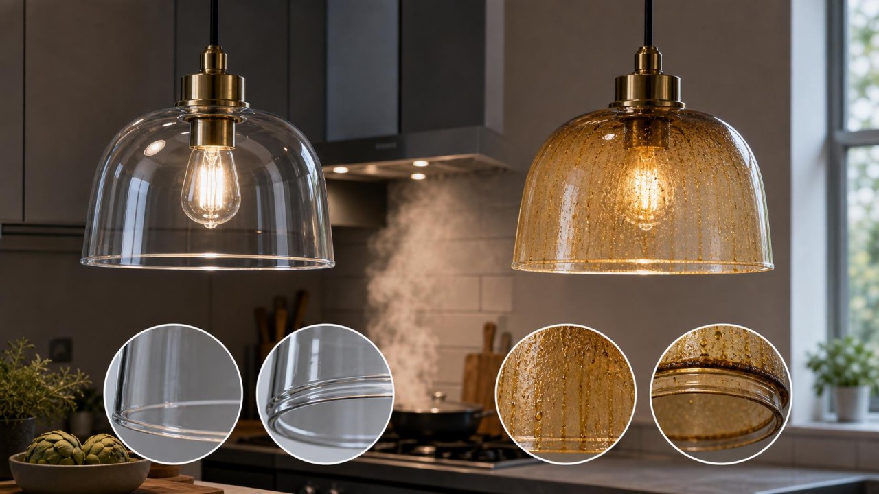 When kitchen fumes turn a glass lampshade yellow, is it glass aging or oil carbonization, and how can it be prevented? 52