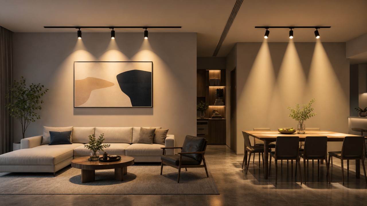 How should beam angle and installation distance be selected according to the size of the illuminated object, such as artwork, coffee tables, or dining tables? 12