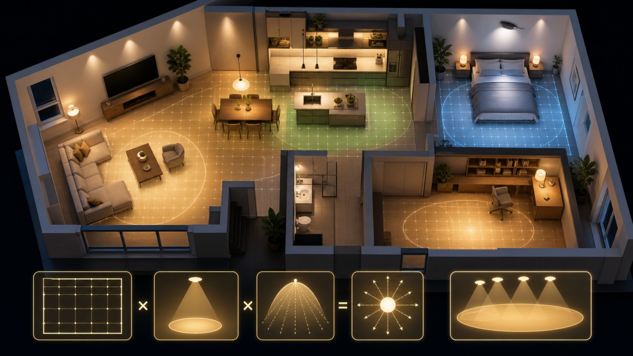 How can you estimate the total luminous flux (lumens) needed based on room area and function? 2
