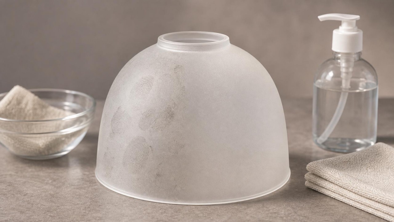 How can fingerprints or oil stains be cleaned from frosted or sandblasted glass shades without damaging the surface texture? 54