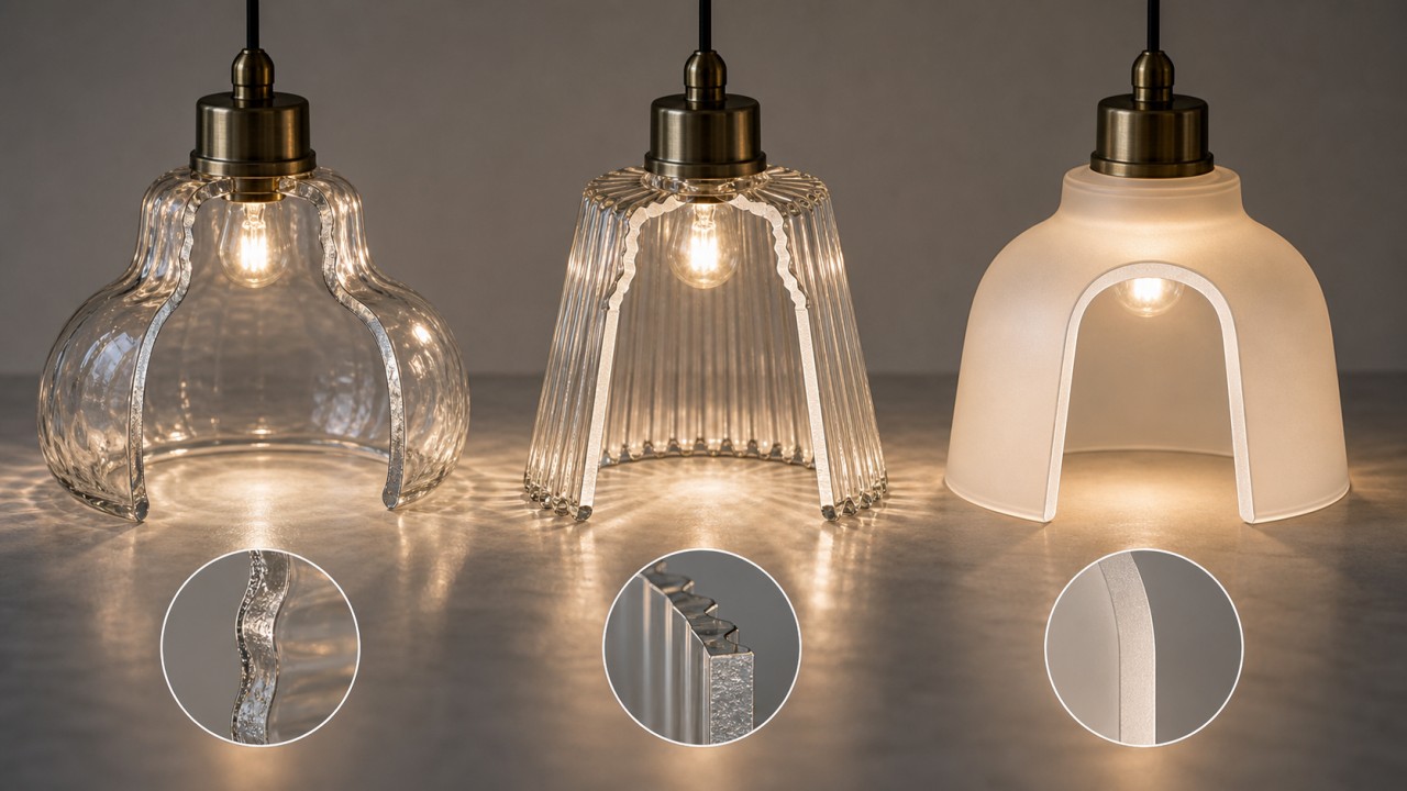 How do blown, pressed, and centrifugally formed glass shades differ in thickness uniformity and optical consistency? 43