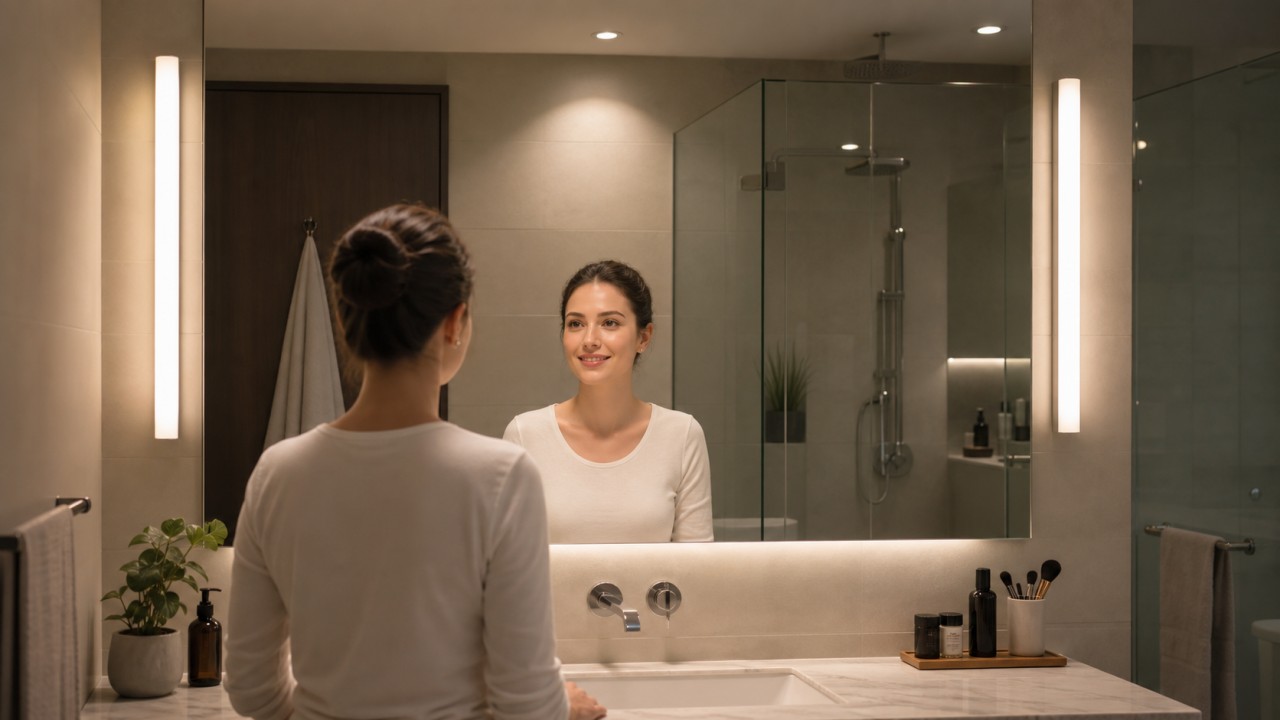 How should bathroom mirror lighting be installed to eliminate facial shadows? 14