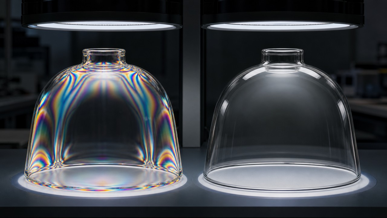 What are stress patterns in glass lampshades, and how can quality control reduce their impact on light efficiency? 44