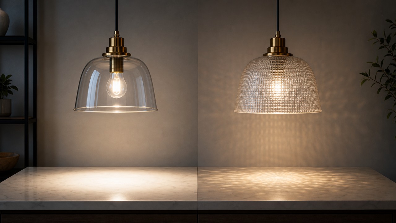 For the same luminaire, how much can actual light output differ between clear glass and fabric-textured embossed glass? 46