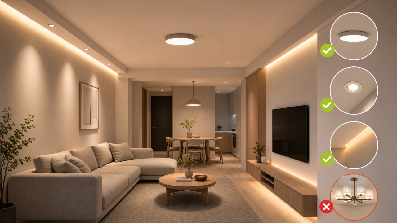 What mistakes should be avoided when selecting luminaires for low-ceiling spaces? 7