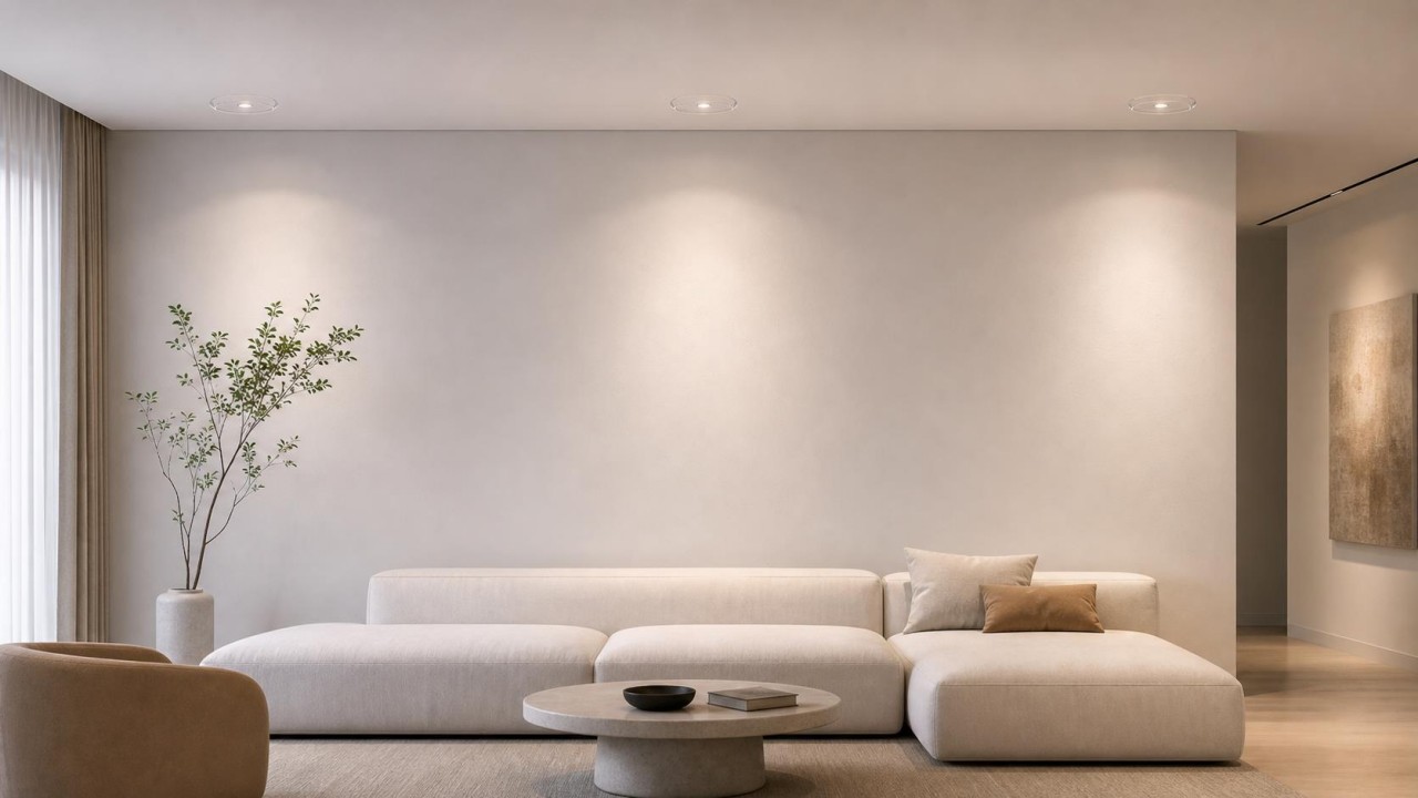 In minimalist main-light-free design, how can nearly invisible glass lampshades be selected so luminaires have minimal visual presence? 58
