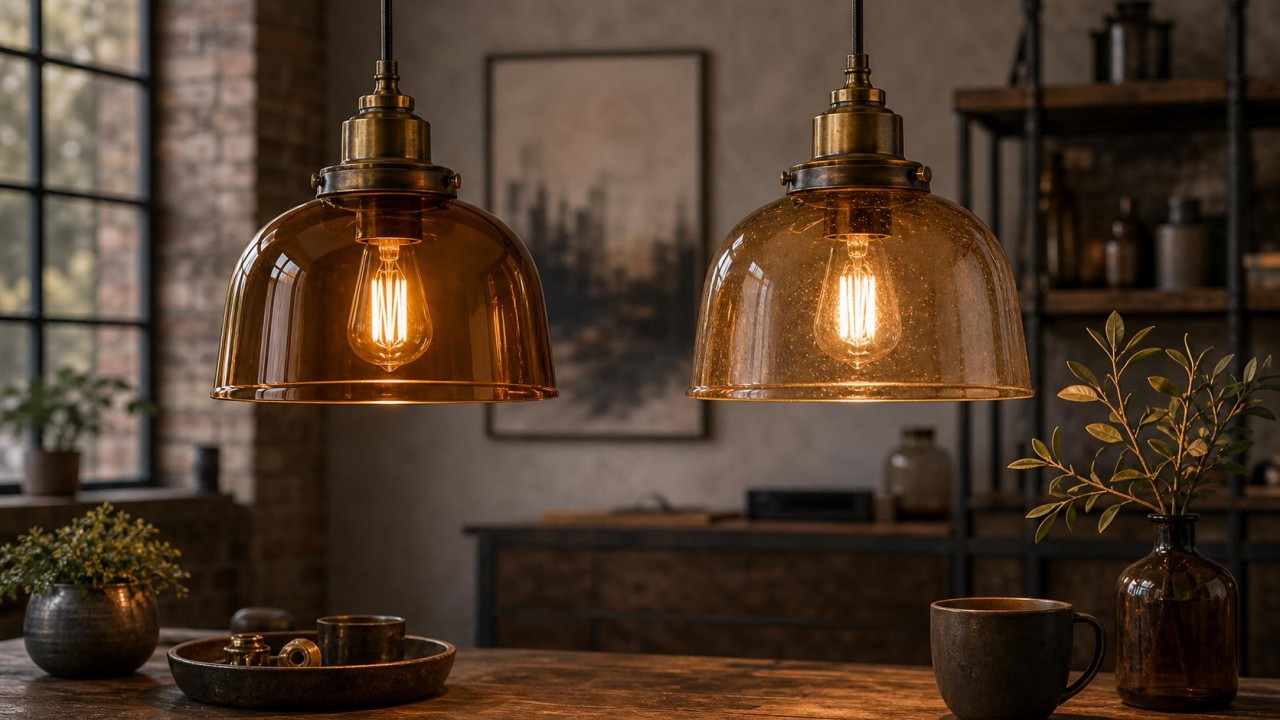 For vintage industrial pendant lights, are aged, tea-colored, or amber glass shades coated or body-tinted, and how can fading be prevented? 59