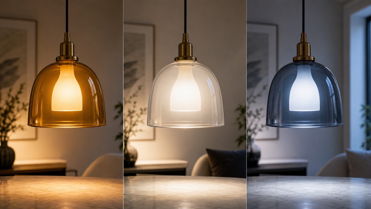 For spaces with different color-temperature preferences, what base-colored glass lampshades should be paired with them? 49