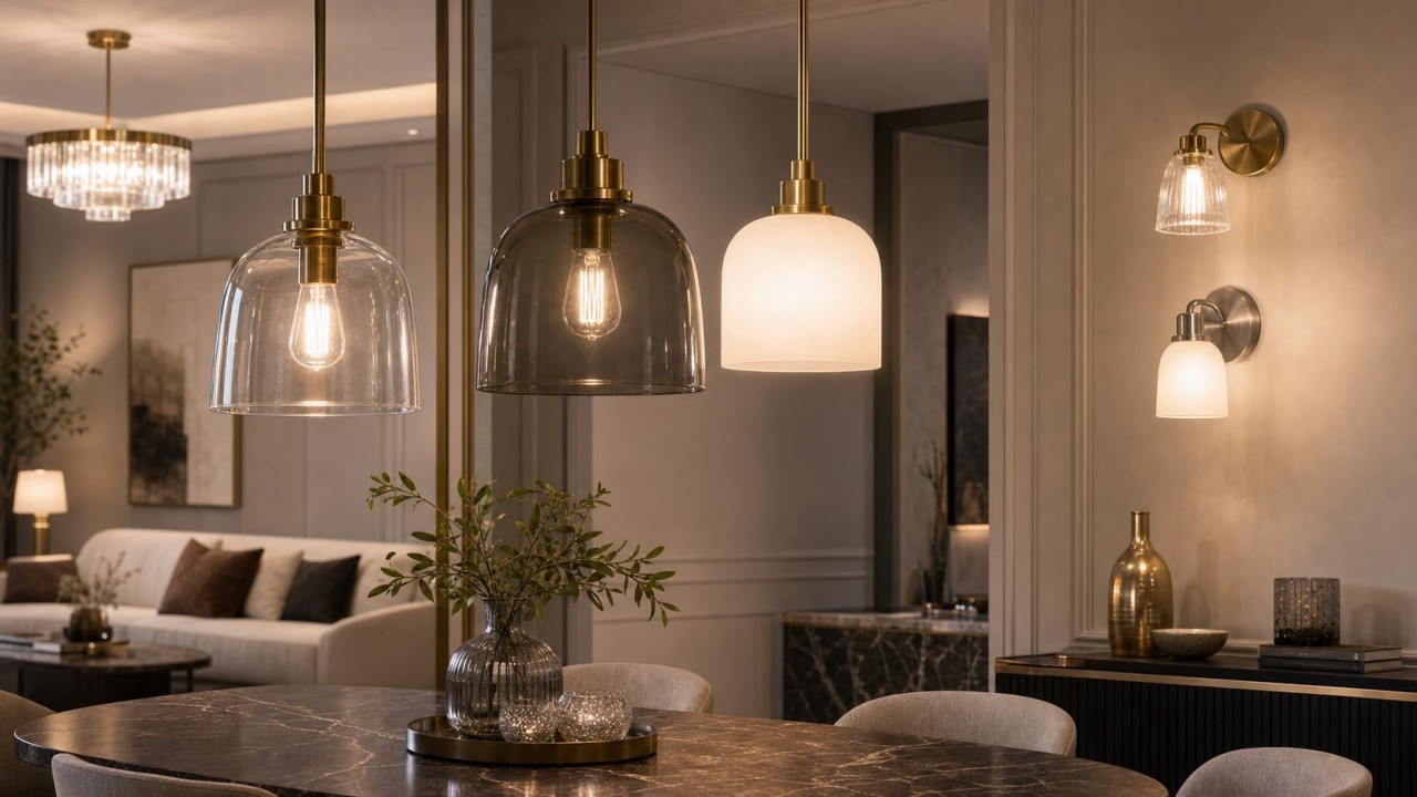 In light-luxury interiors with many metal elements, how should glass shade transparency and reflectivity match brass or brushed nickel? 60