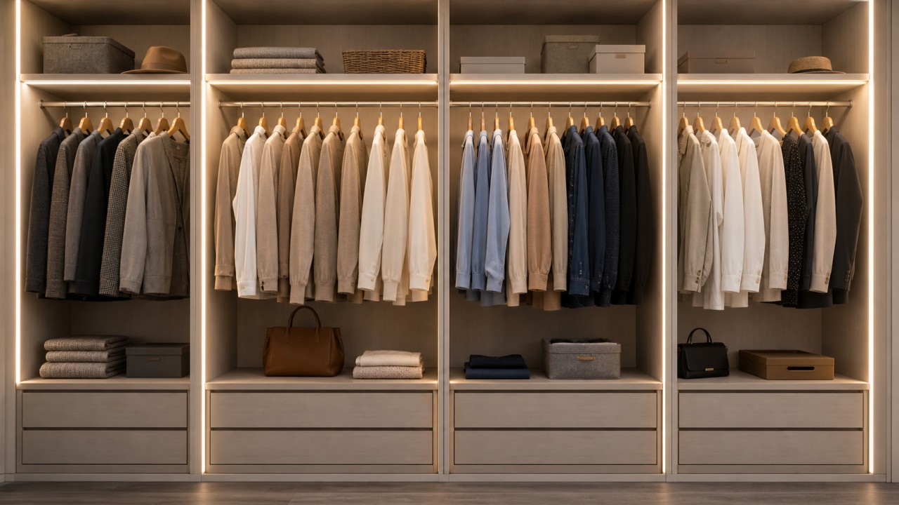 How should wardrobe interior lighting be selected so clothes are visible without glare? 19