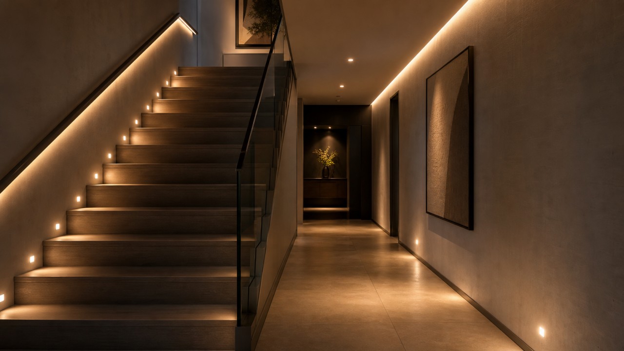 How can stair and corridor lighting provide both safety and guidance through fixture layout? 20