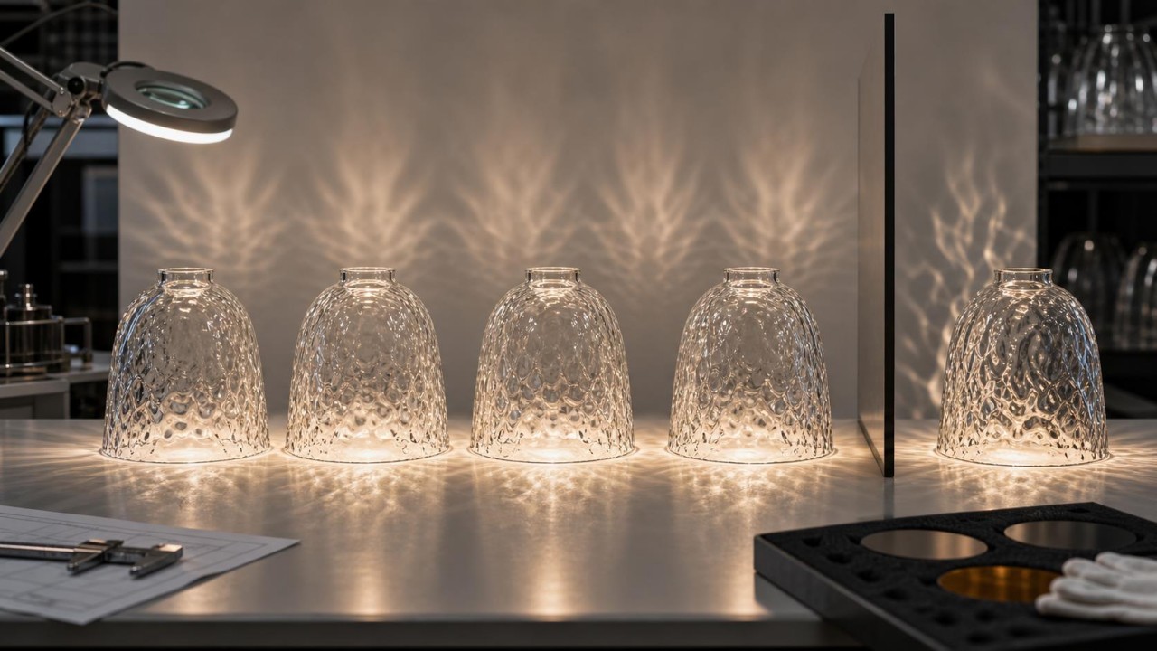 For irregular glass shades such as water-ripple forms, how can shape and optical consistency be ensured between batches? 61