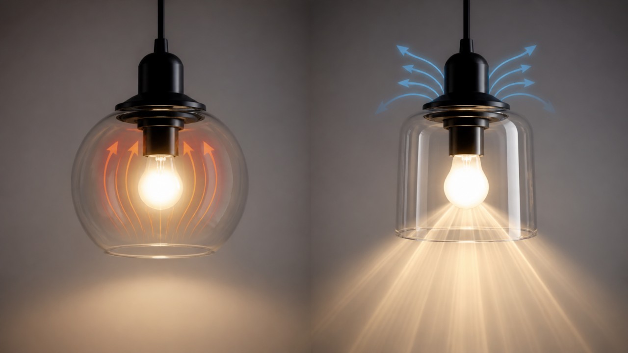 What different requirements do closed and open glass lampshades have for efficacy, heat dissipation, and safety? 21