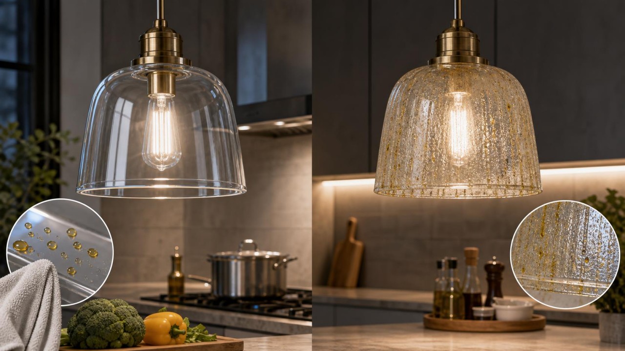 In greasy kitchen environments, are stain resistance and easy cleaning more important than optical performance for glass lampshades? 64
