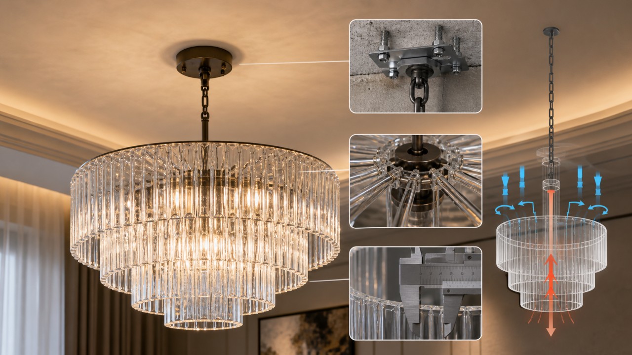 Why do large glass chandelier shades require higher mechanical strength and thermal stability than other luminaires? 23