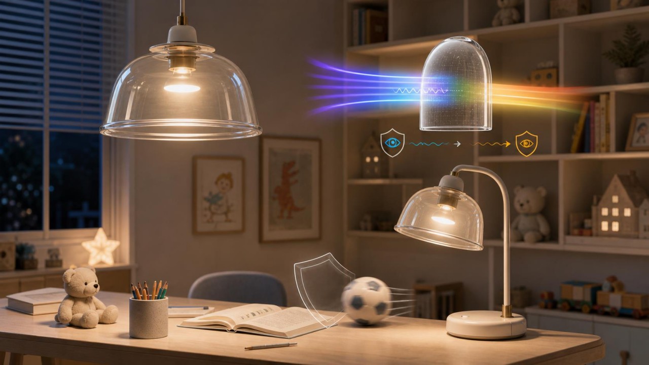 What specific requirements do children's room glass lampshades have for impact resistance and blue-light protection? 65