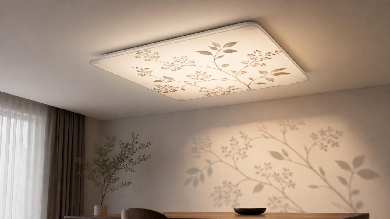How do patterns and ink layers on screen-printed glass panels affect transmittance and spot shape in ceiling lights? 26