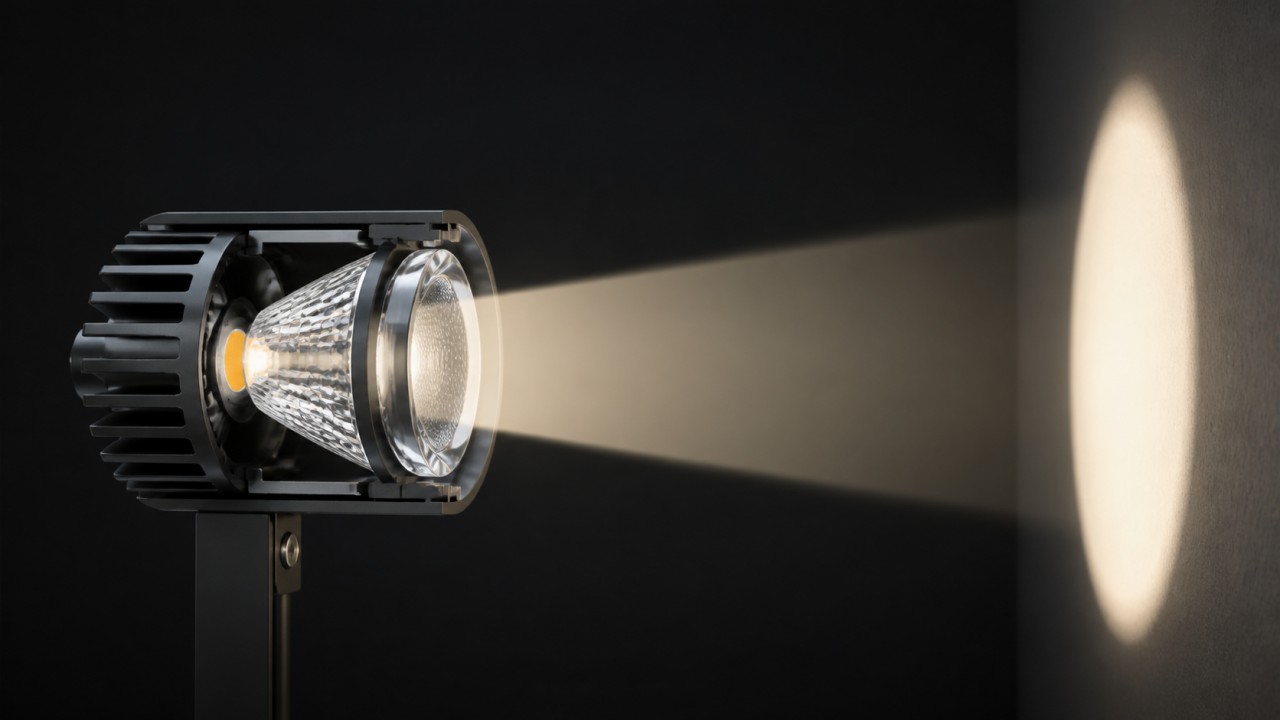 How do glass lenses and reflectors affect beam-angle precision and beam quality in downlights and spotlights? 28