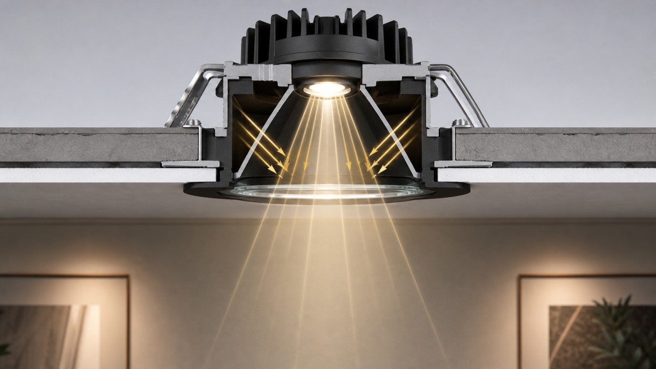 By what optical principle does anti-glare glass in downlights separate useful light-emitting area from stray light? 30