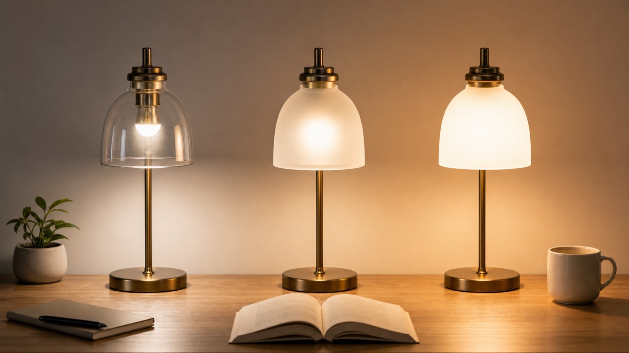 For table lamps, what reading or work scenarios suit clear, frosted, and opal glass shades respectively? 37