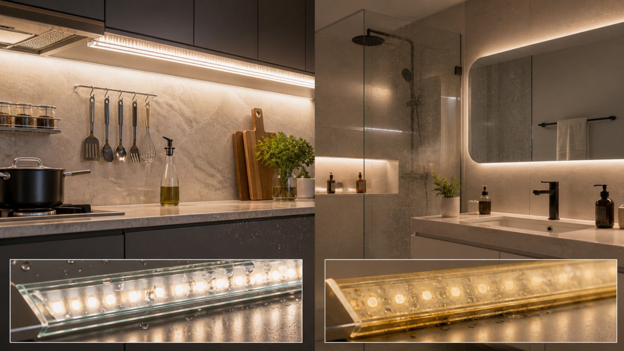 Why should kitchen and bathroom LED strips prioritize glass diffusers over PC covers, and how large is the difference in moisture resistance and yellowing resistance? 40