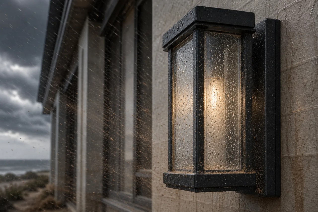 How do the glass components of building exterior wall lights cope with long-term rain and wind and sand?