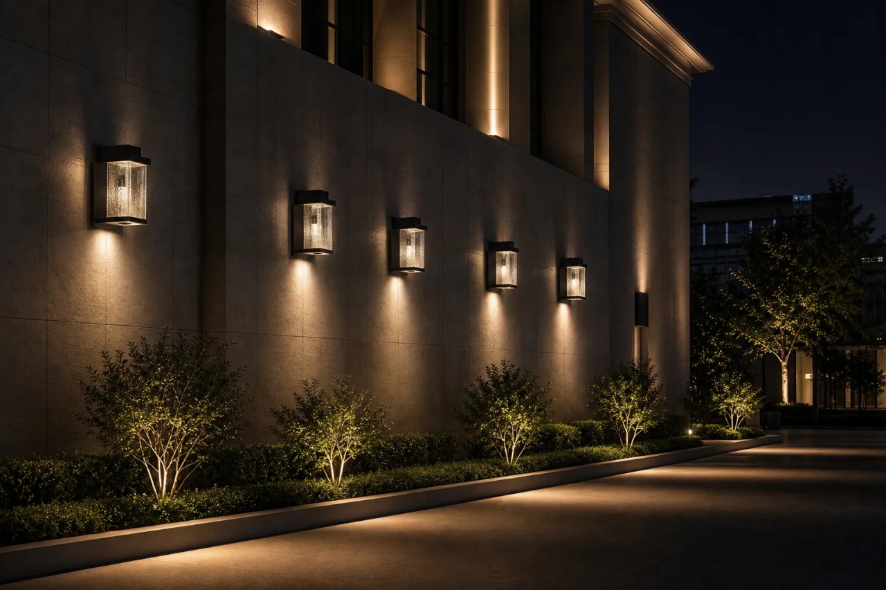 How does building facade lighting glass reduce glare and light pollution?