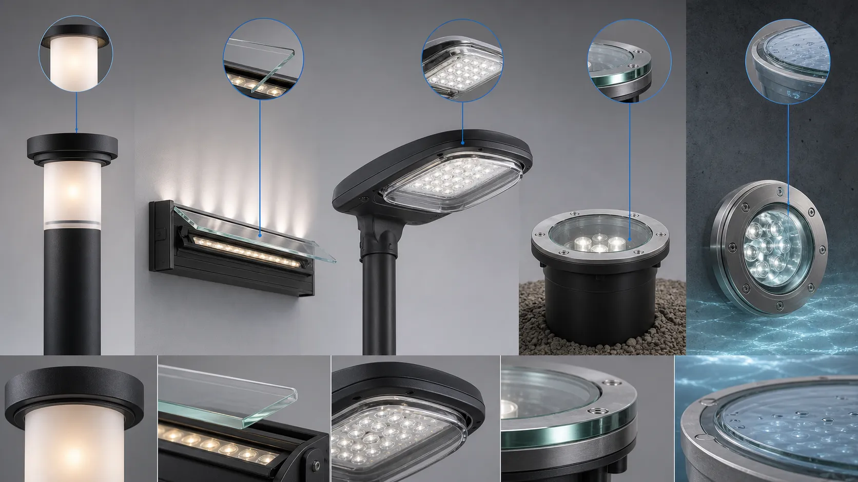 What are the different requirements for glass shades, glass covers and glass lenses for different types of outdoor luminaires?