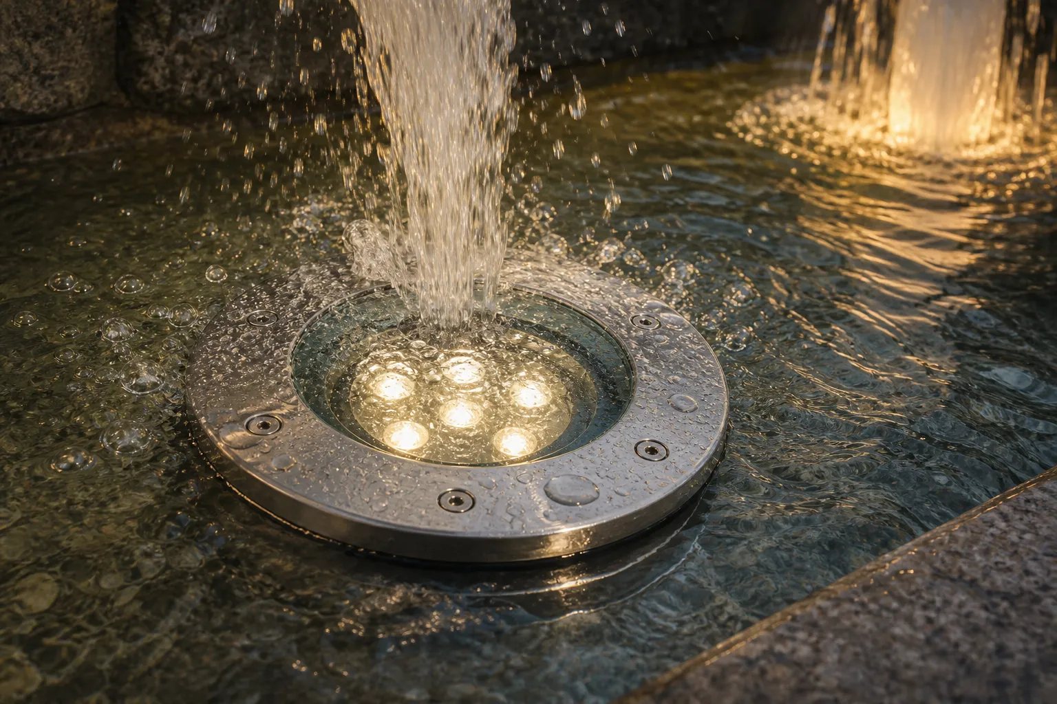 How does the fountain luminaire glass cover withstand the impact of water flow and temperature changes?