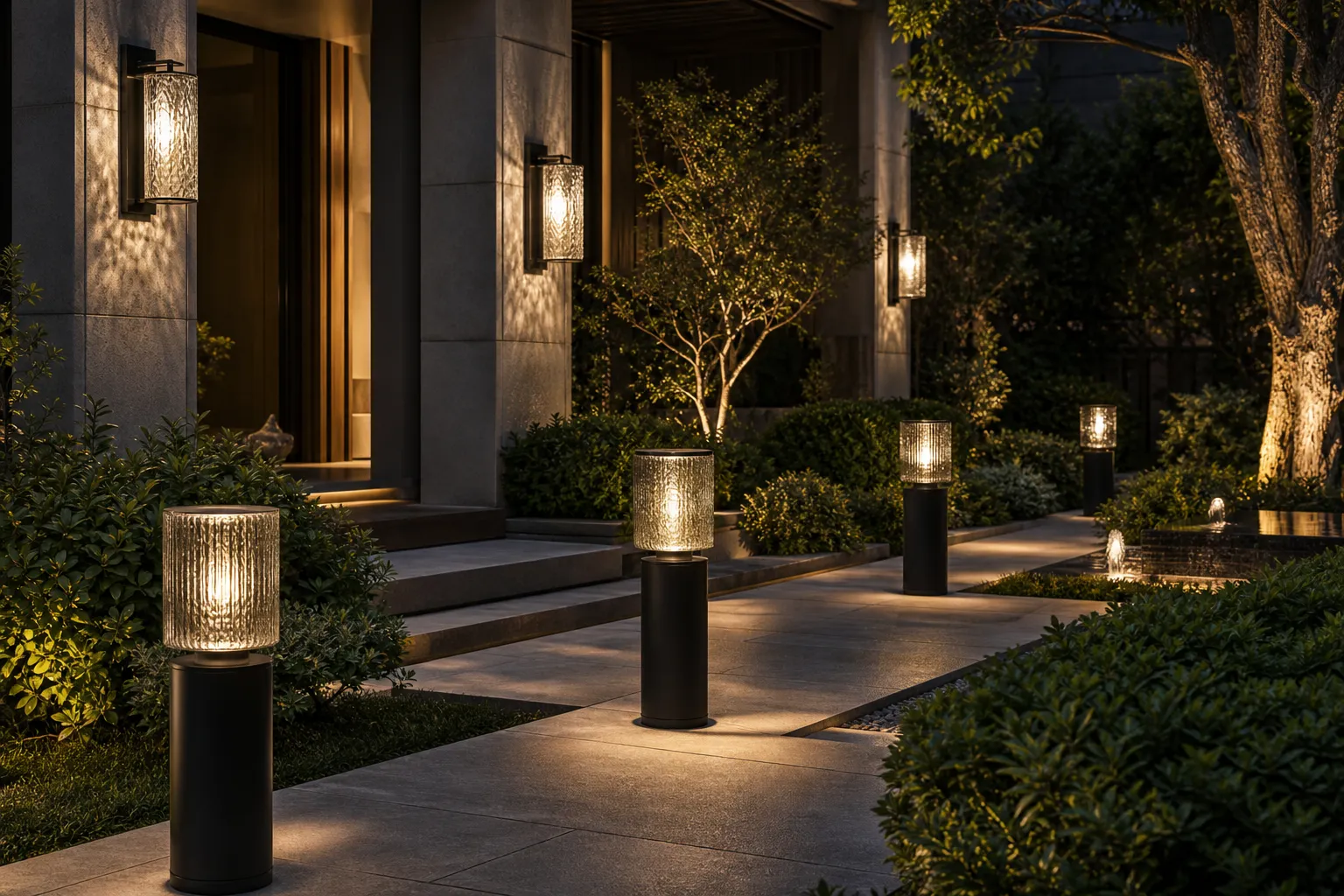 How can high-end courtyard projects enhance the quality of lighting fixtures through glass textures?