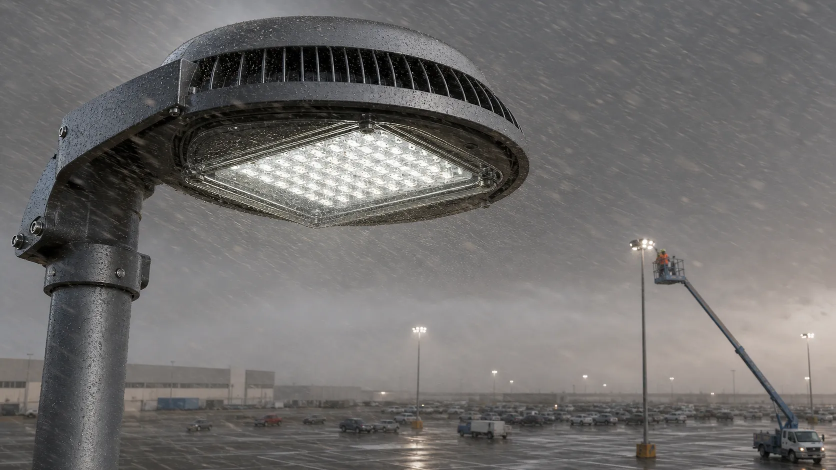 How do high pole luminaire glass components cope with sandstorm, rain and high-altitude maintenance problems?