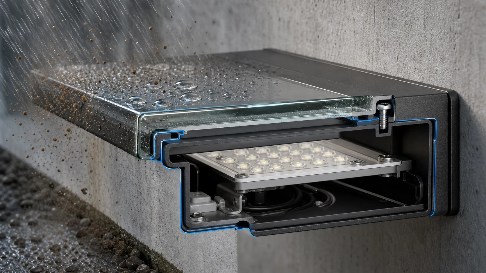 How do the glass components of outdoor lighting affect the waterproof, dust-resistant and service life of the complete luminaire?