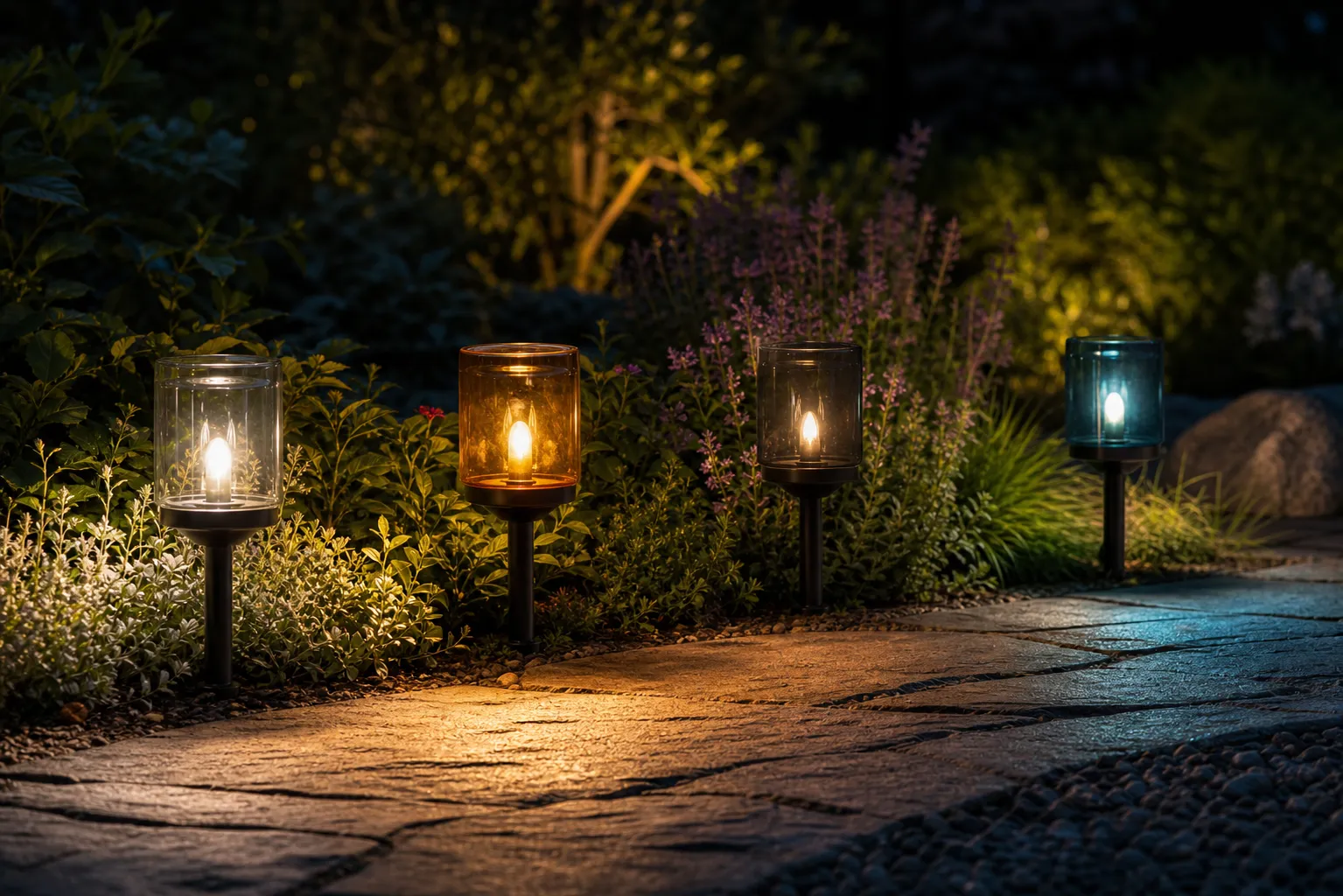 How does the color of landscape light glass affect the nighttime atmosphere and lighting effects?