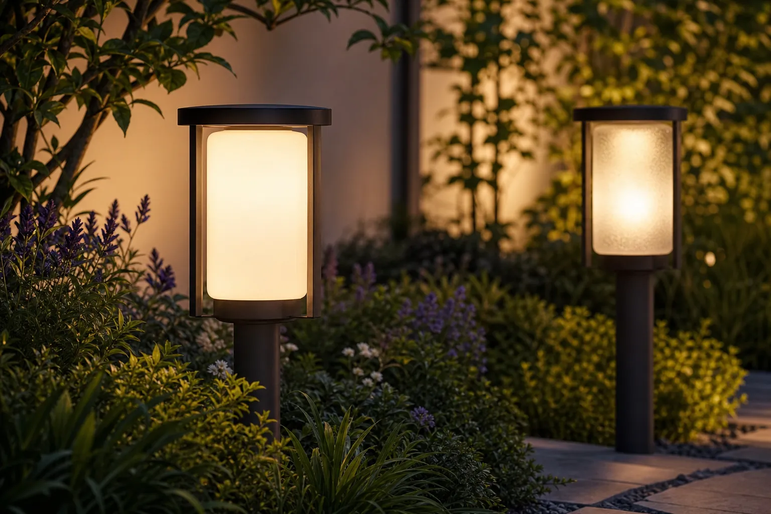Why are opal glass or frosted glass commonly used in outdoor garden lights?